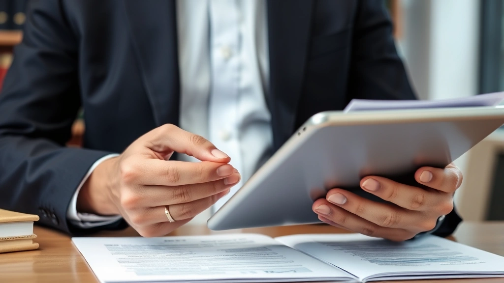 Close-up of male attorney in suit holding tablet while reviewing case materials in contemporary office setting, focused professional demeanor, law books blurred in background
