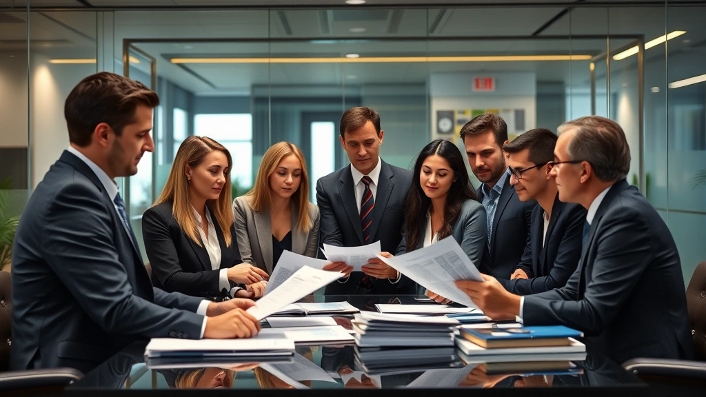 Diverse legal team in conference room examining evidence during case preparation, professional attire, collaborative discussion atmosphere, modern office environment