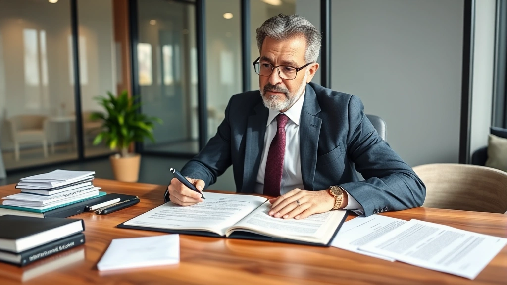 Professional attorney in business attire reviewing rental documents and lease agreements at office desk with tablet and pen, natural lighting, focused expression, modern law office setting