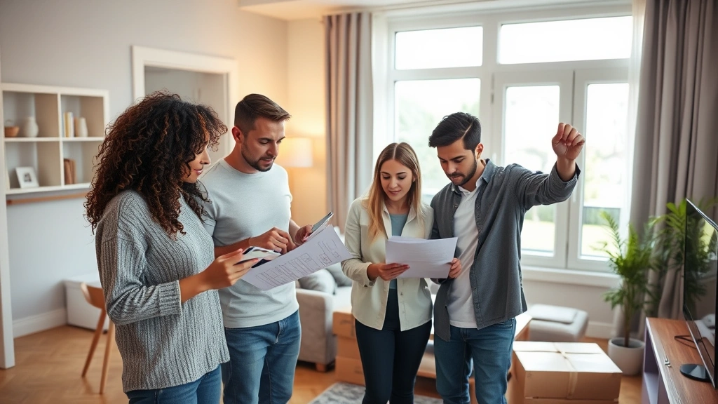 Diverse family reviewing apartment conditions during move-in inspection, taking photographs of living room, checking windows and fixtures, professional and organized documentation process