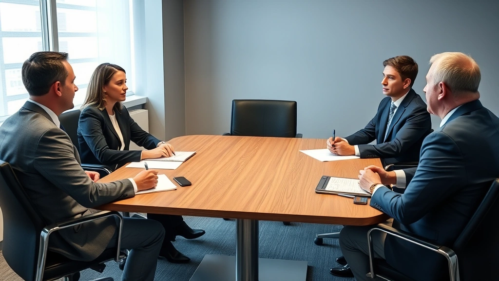 Mediator or attorney facilitating discussion between landlord and tenant in neutral conference room setting, documents on table, professional atmosphere, balanced body language showing fair process