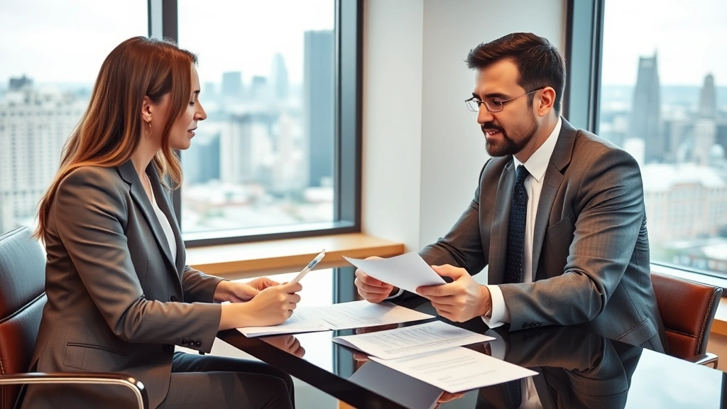 Professional consultation between female tenant and male attorney in modern law office, reviewing rental documents at desk with city skyline visible through windows, neutral professional attire, warm lighting
