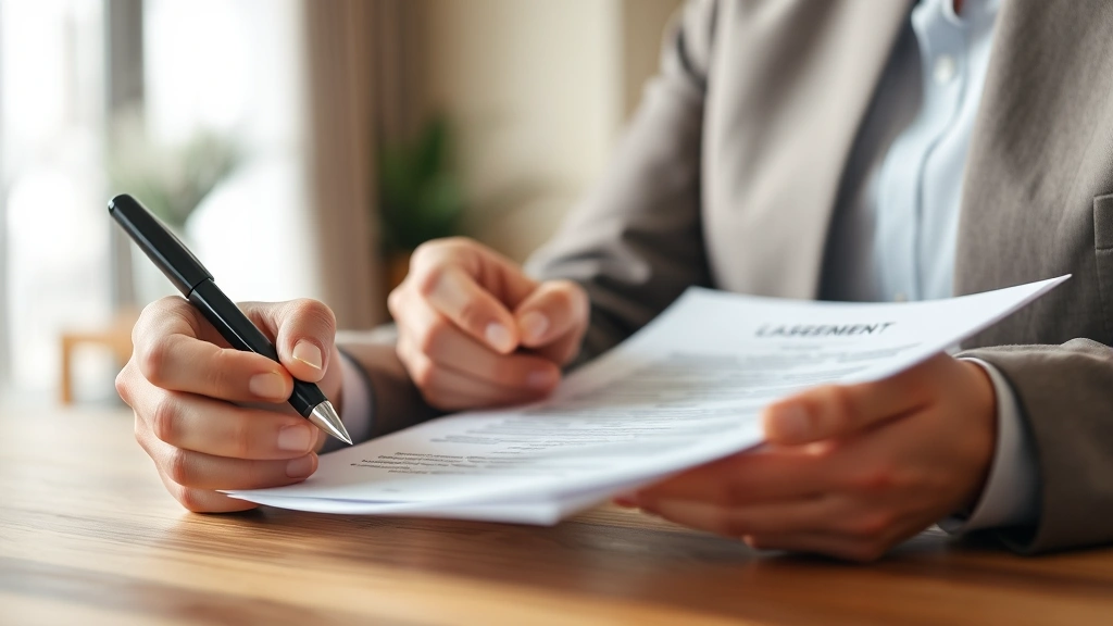 Close-up of hands holding apartment lease agreement and pen during signing, natural light, apartment interior partially visible, professional appearance, neutral tones