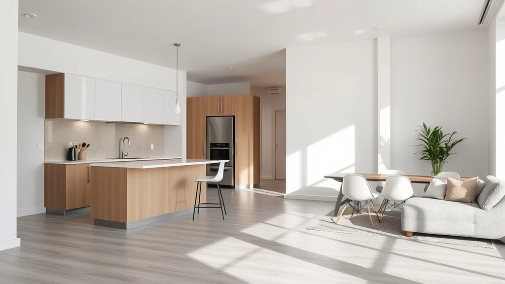 Interior of residential apartment showing modern kitchen and living space, bright natural lighting, clean and well-maintained condition, no people visible, professional photography style