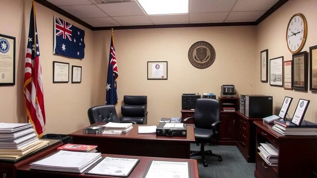 Professional firearms licensing office interior with official documents and desk, Australian flag visible, natural daylight, administrative setting, no text on documents