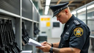Professional Australian police officer in uniform conducting a firearm safety inspection at a secure shooting range facility, examining storage equipment and documentation, serious and focused expression, modern police facility interior with safety signage visible but no readable text