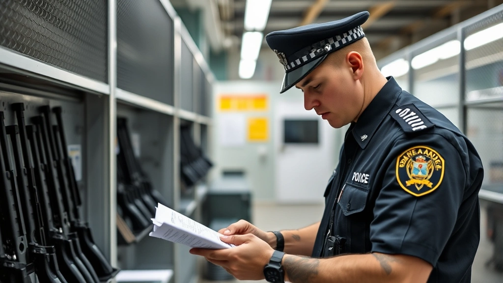 Professional Australian police officer in uniform conducting a firearm safety inspection at a secure shooting range facility, examining storage equipment and documentation, serious and focused expression, modern police facility interior with safety signage visible but no readable text