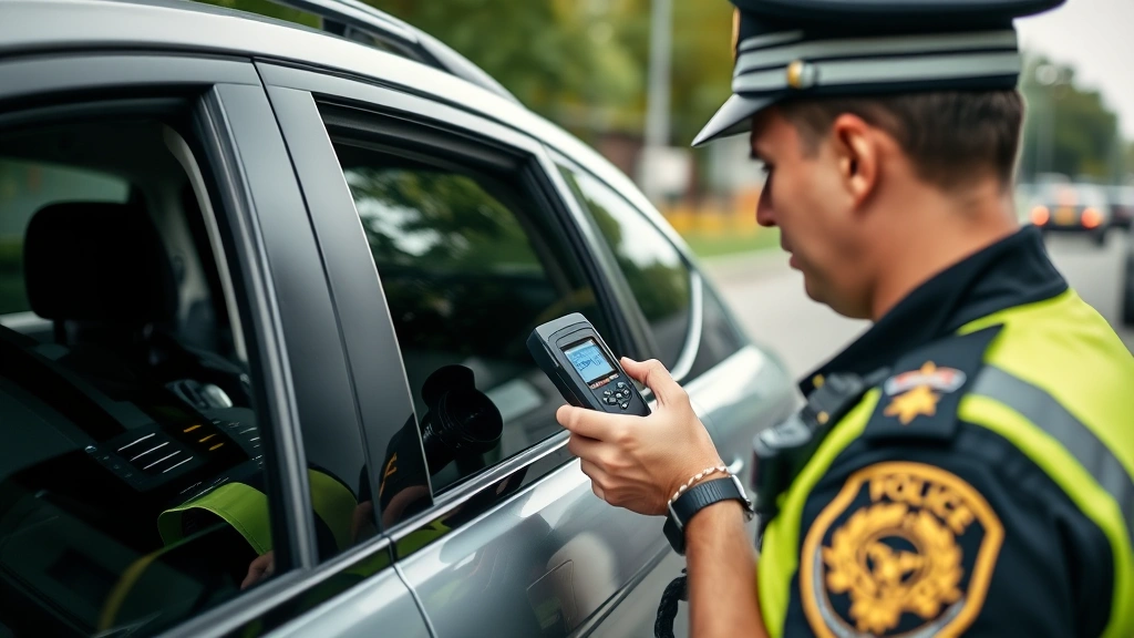 Law enforcement officer using handheld light meter device to measure window tint darkness on parked vehicle during traffic stop, professional equipment