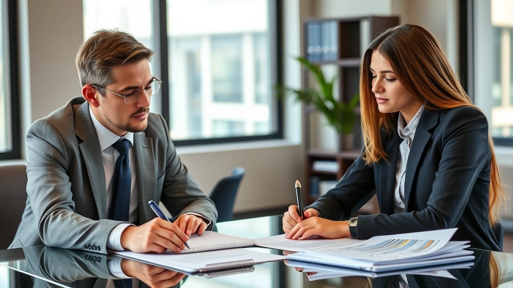 Professional financial advisor meeting with young law graduate in modern office, reviewing loan documents and spreadsheets on desk, serious focused expressions, natural lighting from windows