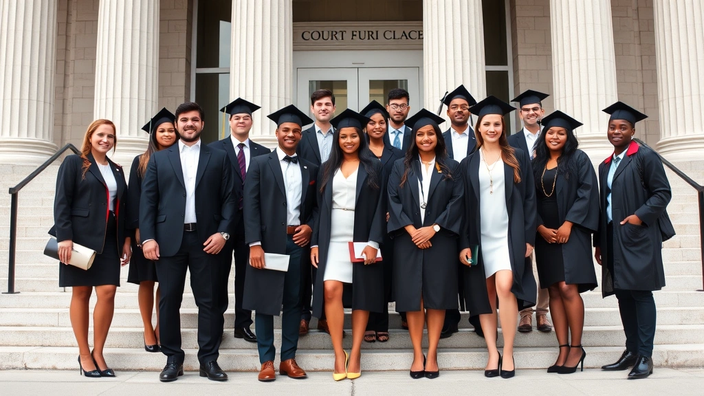 Diverse group of law school graduates in professional attire standing outside courthouse steps, confident posture, daylight, representing legal profession success despite debt challenges
