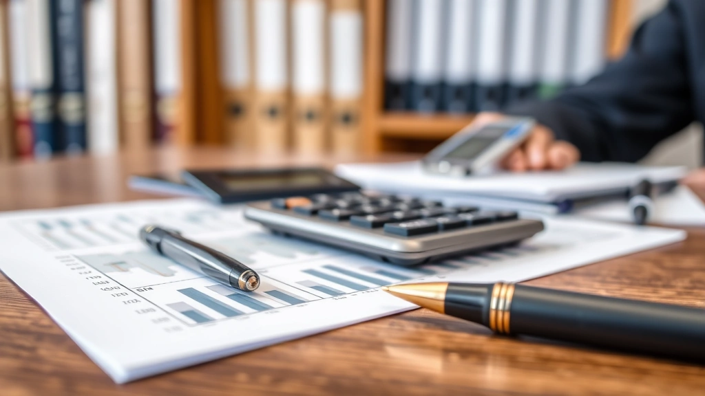 Close-up of financial planning documents, calculator, and pen on wooden desk with blurred bookshelf background, professional workspace suggesting financial advisory services