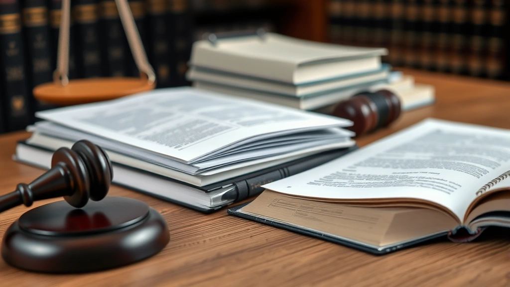Close-up of law books and legal documents on wooden desk, gavel nearby, professional office setting, neutral tones, soft natural lighting, legal research atmosphere