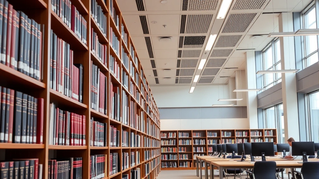 Modern law library with rows of legal reference books and computer workstations, professional lighting, clean organized shelves, academic legal environment, no identifying text visible