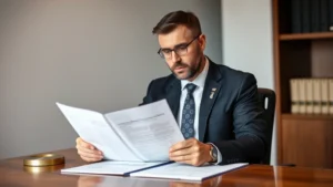 Professional photograph of a serious male attorney in formal business suit sitting at desk in modern law office, reviewing legal documents with focused expression, neutral background, natural lighting, authoritative demeanor, no text visible