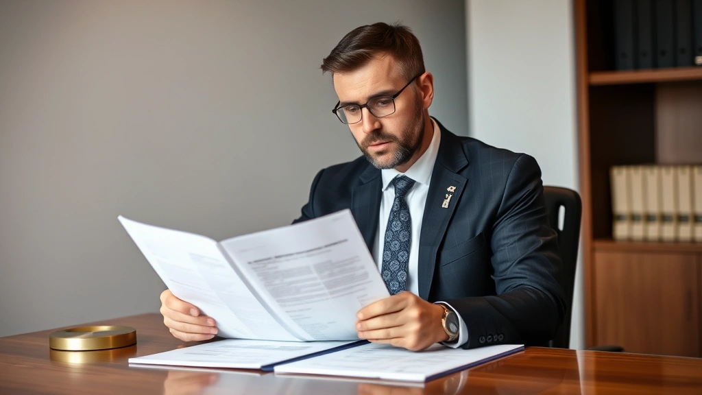Professional photograph of a serious male attorney in formal business suit sitting at desk in modern law office, reviewing legal documents with focused expression, neutral background, natural lighting, authoritative demeanor, no text visible