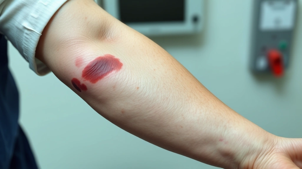 Close-up photograph of an injured person's arm showing bruising and contusions, professional medical photography style, clinical setting, demonstrating injury documentation, clear detail without graphic content, neutral background