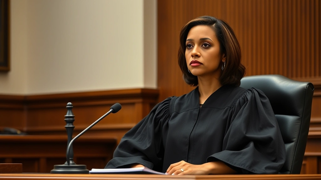 Photograph of a diverse female judge in black robes sitting at elevated judge's bench in courtroom, gavel nearby, serious professional expression, formal legal setting, natural lighting, authoritative appearance, no visible signage