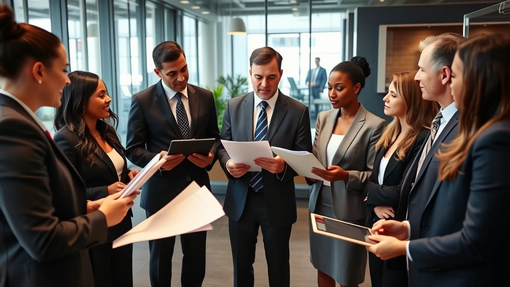 Diverse team of attorneys in business attire discussing litigation strategy, holding legal documents and tablets, modern office environment, collaborative setting, professional atmosphere