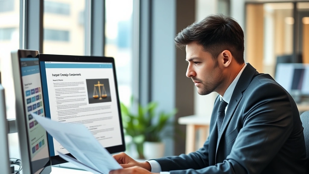 Professional attorney in modern office reviewing legal documents on computer screen, focused expression, natural lighting, business casual attire