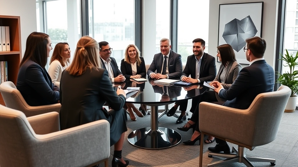 Diverse group of professionals in law office conference room discussing legal matters, collaborative atmosphere, modern furniture, natural window light