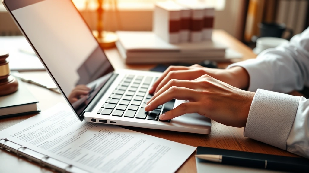 Close-up of hands typing on laptop with law books and legal documents on desk, professional workspace, warm lighting, organized legal materials