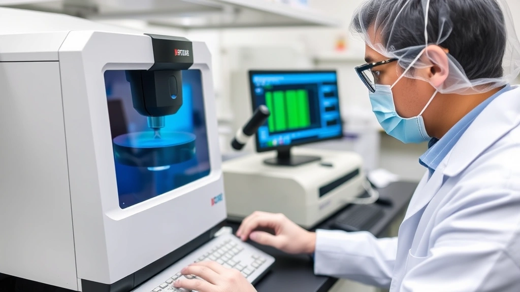 Professional laboratory technician operating a modern spectrophotometer instrument, focused on screen display showing absorbance measurements, sterile lab environment with equipment visible