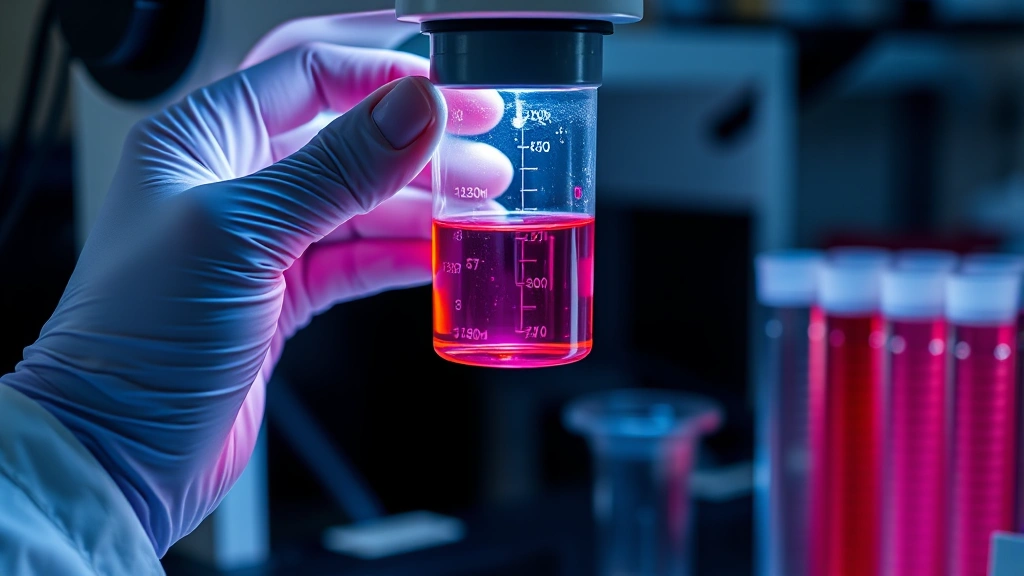 Close-up of scientist's hands holding a clear cuvette containing colored solution under spectrophotometer light source, professional laboratory setting with calibration standards visible