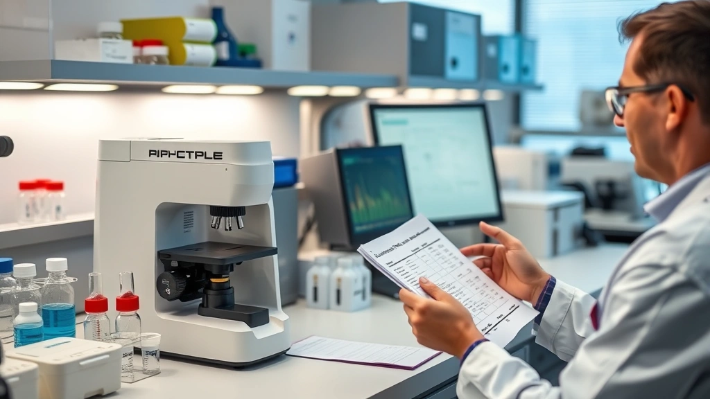 Laboratory quality control workspace showing spectrophotometer with calibration standards and documentation, professional scientist reviewing printed analytical results at workstation