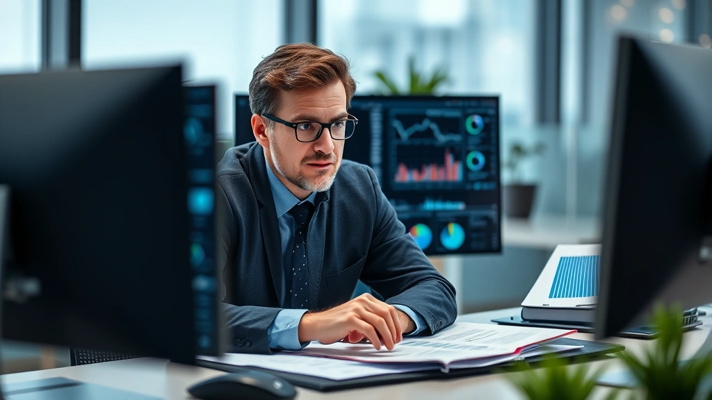 Professional forensic accountant analyzing financial data on computer screen with charts and graphs, focused expression, modern office environment with financial reports visible