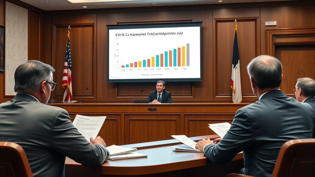 Courtroom expert witness presenting statistical evidence on presentation screen to judge and jury, professional demeanor, formal legal setting with documentation visible