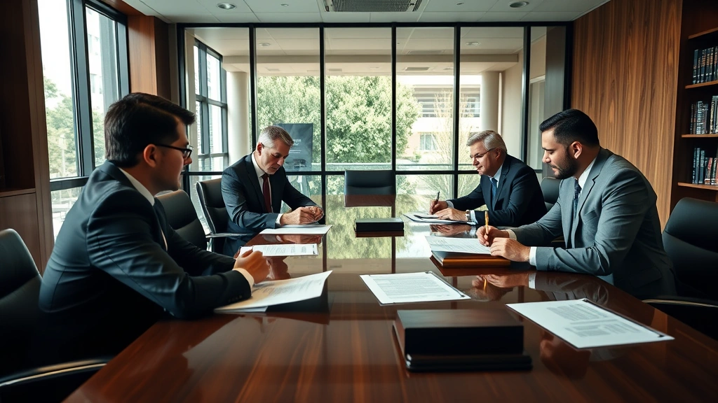 Professional law office conference room with attorneys in business attire reviewing documents and contracts on a polished wooden table, modern office setting with natural lighting from large windows, serious professional atmosphere focused on legal work and business transactions