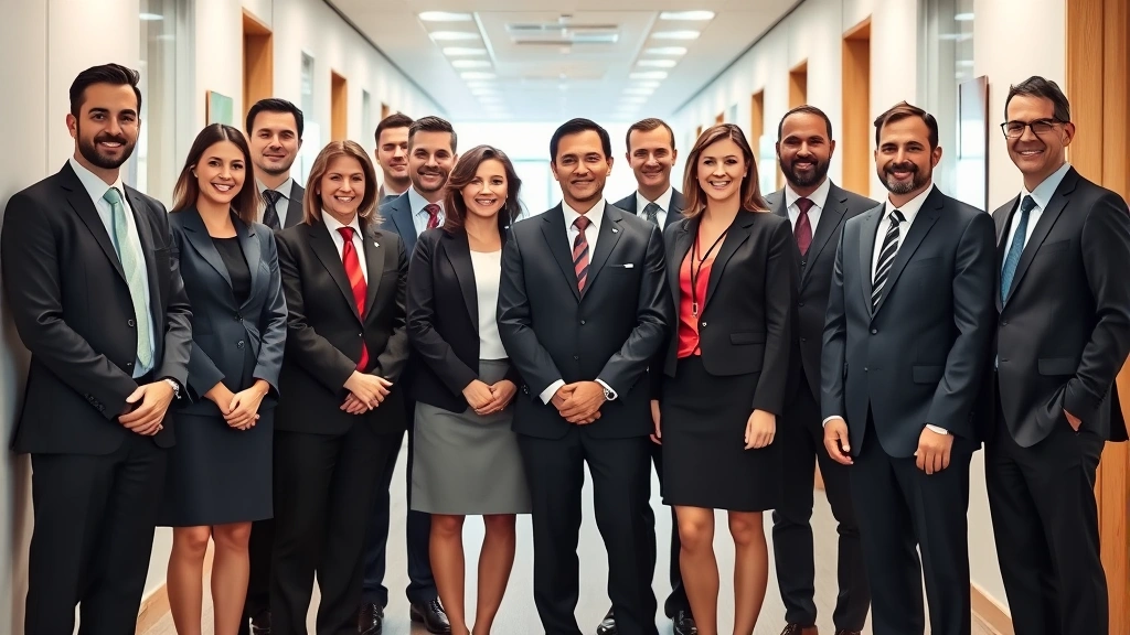 Diverse group of law firm partners and associates in formal business attire standing in modern office hallway, representing different backgrounds and generations, professional legal workplace environment emphasizing institutional values and team collaboration
