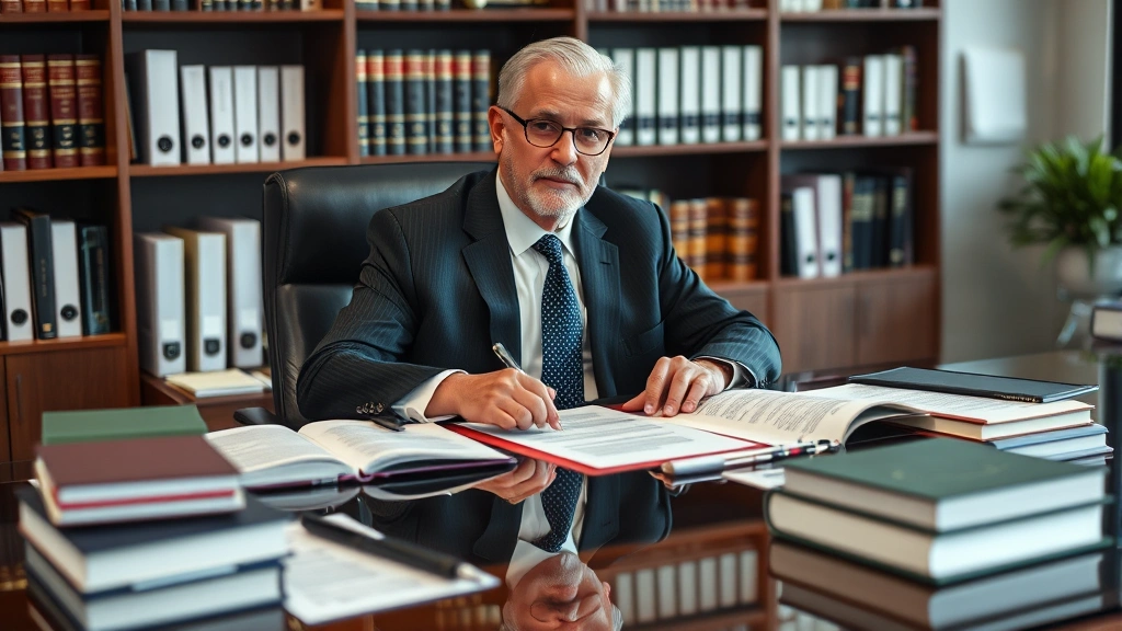 Senior attorney or legal professional in formal business suit sitting at desk with law books and legal documents, working on transactional matters, professional office environment with credentials and legal resources visible in background, focused and authoritative demeanor