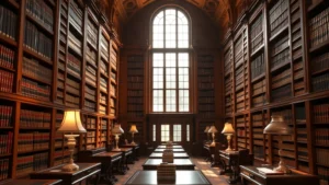 Professional law library with tall wooden bookshelves, leather-bound legal volumes, ornate reading lamps, and mahogany study tables in a prestigious American law school building, natural sunlight streaming through tall windows, scholarly and refined atmosphere