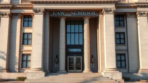 Professional photograph of prestigious law school building facade with classical architecture, columns, and formal entrance, daytime lighting, nobody visible, photorealistic
