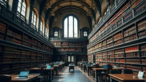 Professional law school library with soaring ceilings, rows of leather-bound law books, wooden study desks, natural light streaming through tall windows, students studying with laptops, prestigious academic atmosphere