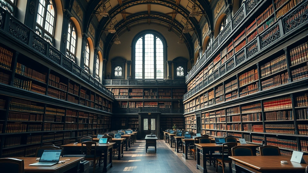 Professional law school library with soaring ceilings, rows of leather-bound law books, wooden study desks, natural light streaming through tall windows, students studying with laptops, prestigious academic atmosphere