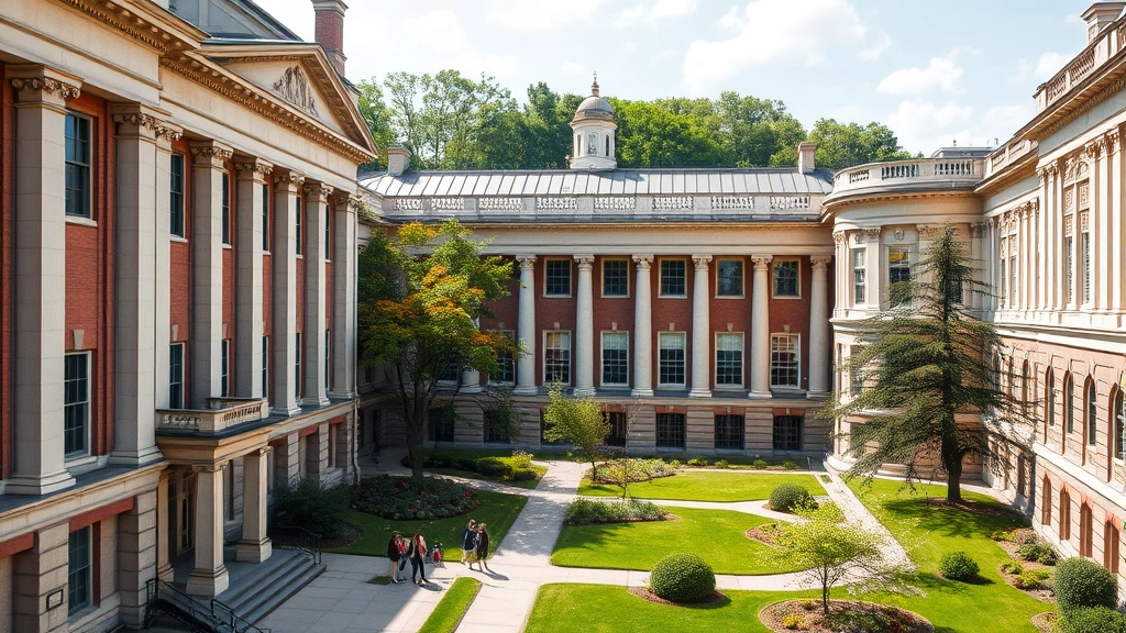 Law school campus courtyard with classical architecture, students walking between buildings, green spaces, professional outdoor setting, prestigious institution grounds, bright daylight