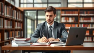 Professional law student studying at library desk with textbooks and laptop, focused expression, natural lighting from windows, modern academic setting