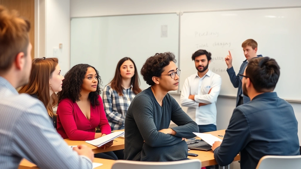 Group of diverse university students in classroom discussion, professor leading intellectual debate, engaged facial expressions, academic environment with whiteboards