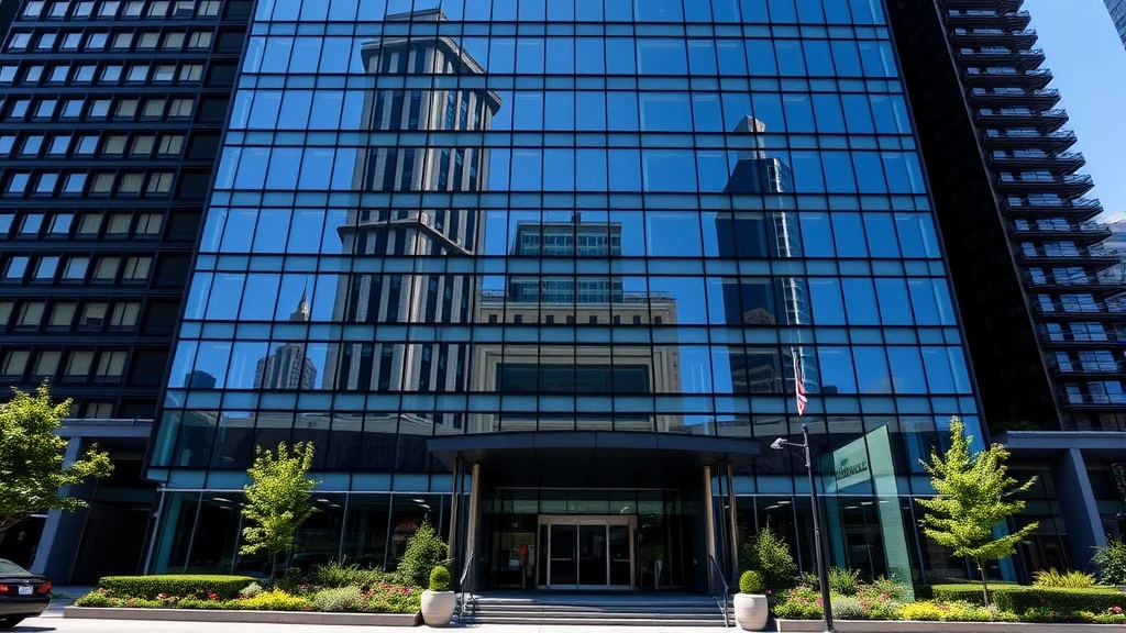 Professional photograph of a modern glass and steel high-rise office building in a major business district, depicting the architectural sophistication and corporate prestige associated with large law firm headquarters. Daytime shot with clear sky, showing the building's entrance with professional landscaping.