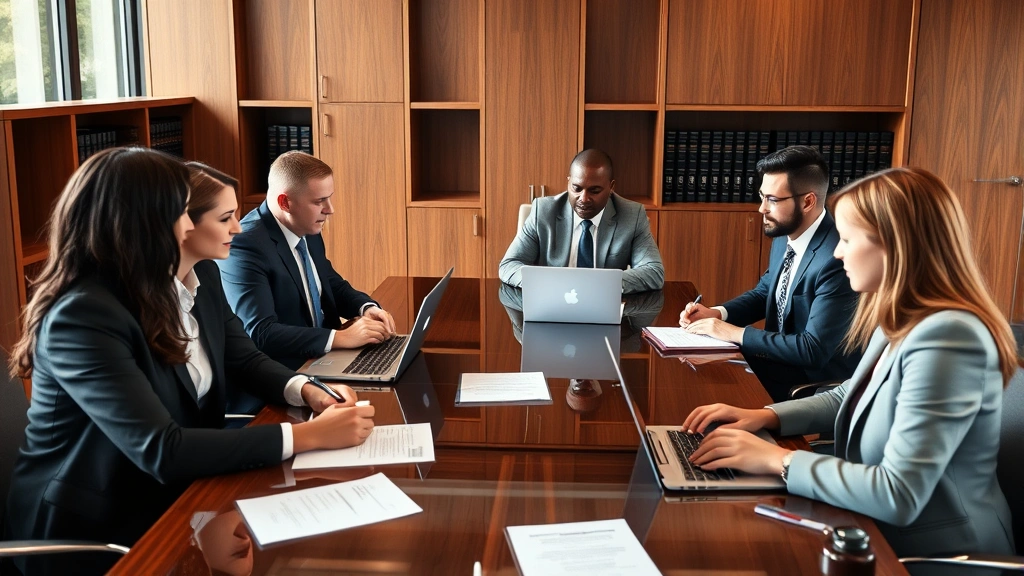 Image of a diverse group of professional attorneys in business attire engaged in a collaborative meeting around a polished conference table with laptops and legal documents, representing teamwork and expertise within a large law firm environment.