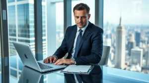 Professional male attorney in tailored navy suit working at modern glass desk with laptop and legal documents, modern office tower background with city skyline visible through windows, serious focused expression, natural daylight, photorealistic corporate environment