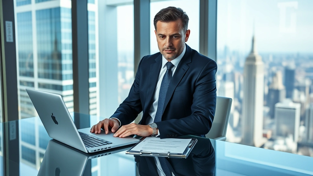 Professional male attorney in tailored navy suit working at modern glass desk with laptop and legal documents, modern office tower background with city skyline visible through windows, serious focused expression, natural daylight, photorealistic corporate environment