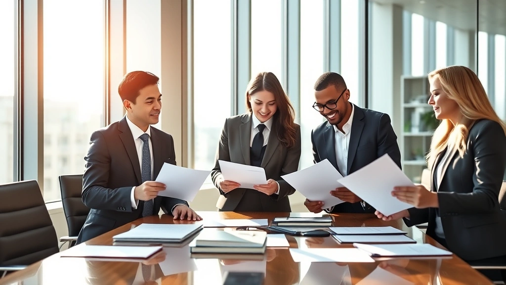 Diverse team of three lawyers in business attire reviewing documents together at conference table in sleek contemporary law office, morning light streaming through floor-to-ceiling windows, collaborative professional atmosphere, no visible text on documents