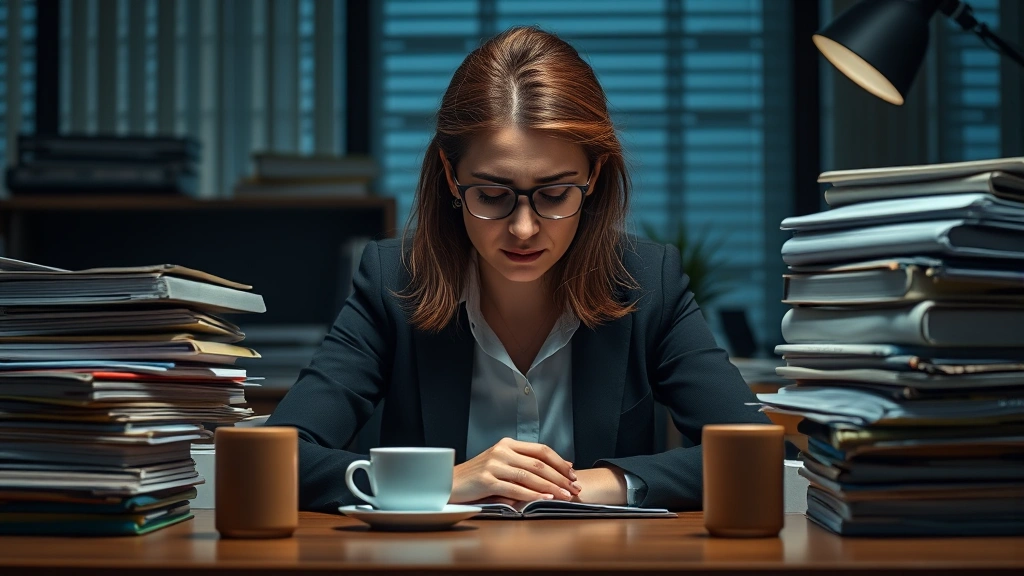 Exhausted female attorney at desk late evening with multiple coffee cups and stacks of case files, dim office lighting, showing professional burnout and intense work demands, serious contemplative expression, realistic emotional depth