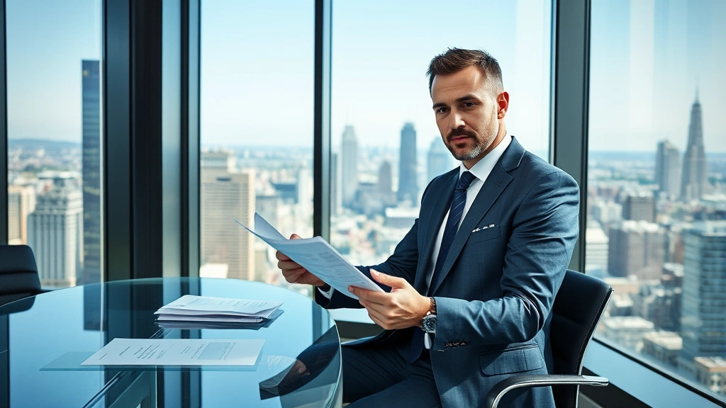 Professional male attorney in tailored suit reviewing financial documents at modern glass desk in high-rise law office, natural window lighting showing city skyline, confident posture, neutral expression