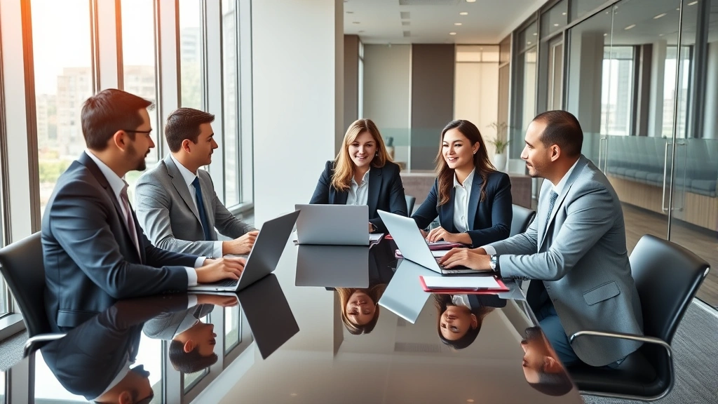 Diverse group of five lawyers in business attire collaborating around polished conference table with laptops and notepads, modern law firm interior with floor-to-ceiling windows, warm professional atmosphere
