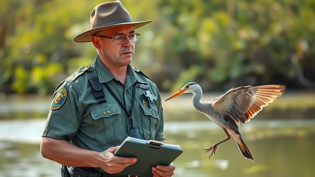 Professional wildlife officer in uniform examining bird with clipboard in natural habitat during daytime, serious expression, natural lighting, outdoor wetland setting