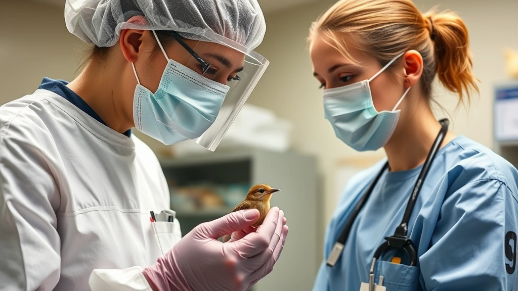 Licensed wildlife rehabilitator examining small injured bird under bright clinical lighting, wearing protective equipment, professional medical facility environment, compassionate interaction